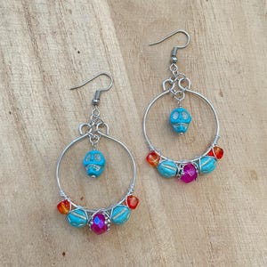 Skull Hoop Earrings, Wire Wrapped Beaded Hoop Earrings, Skull jewelry, Halloween, Halloween Earrings, Dia De Los Muertos, Skulls