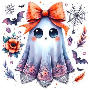 May include: A white ghost illustration featuring a large orange polka-dot bow on its head, wide dark eyes, and a lace-patterned hem. The design is surrounded by small bats, spiderwebs, a vibrant orange flower, and colorful feathers on a white background.