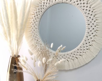 Macramé mirror large, lovingly worked in boho style, bohemian style, other colors & sizes, up to about 50 cm total size, natural