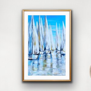 Sailing Boats Seascape Art Print: Abstract Coastal Decor