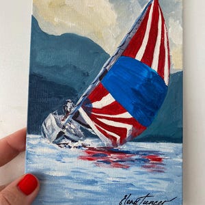 Sailboat Painting: Original Acrylic Seascape, Small Boat Art (5x7)