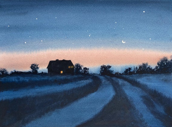 Texas Night ORIGINAL Painting Farm Meadow Sunrise Watercolor Art