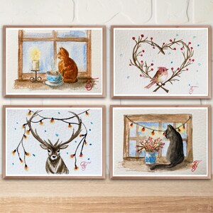 ACEO Watercolor Painting Set: Cat, Deer, Robin - Miniature Art Cards