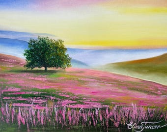 Pintura original al óleo "Campo de lavanda de la Toscana - Puesta de sol" (45 x 35 cm), sin marco, pintada a mano por Elena Tuncer.