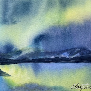 Aurora Boreale, dipinto originale, paesaggio dell'Alaska, aurora boreale, acquerello, opera d'arte, lago, 9x12 pollici, decorazione da parete, casa, piccolo arredamento di Elena Tuncer