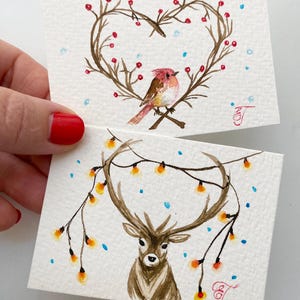 ACEO Bird Deer PAINTINGS ORIGINALI Set di due acquerelli Aceo Sketch Art HomeDecor Miniature Art Card 2,5x3,5" Edizione Limitata di Elena Tuncer