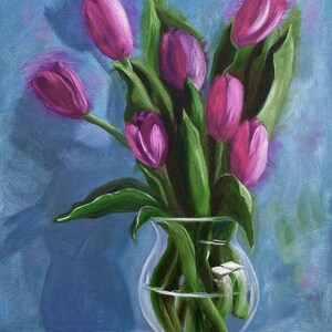 Pink Tulips Still Life: Original Oil Painting on Canvas (17&quot;x13&quot;)