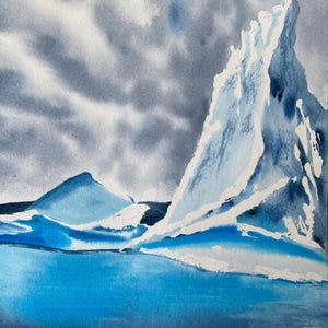 Iceberg DIPINTO ORIGINALE Paesaggio Alaska Acquerello Opera d'arte Iceberg drammatico Neve 9x12" Islanda Arte murale Casa Piccola decorazione di Elena Tuncer