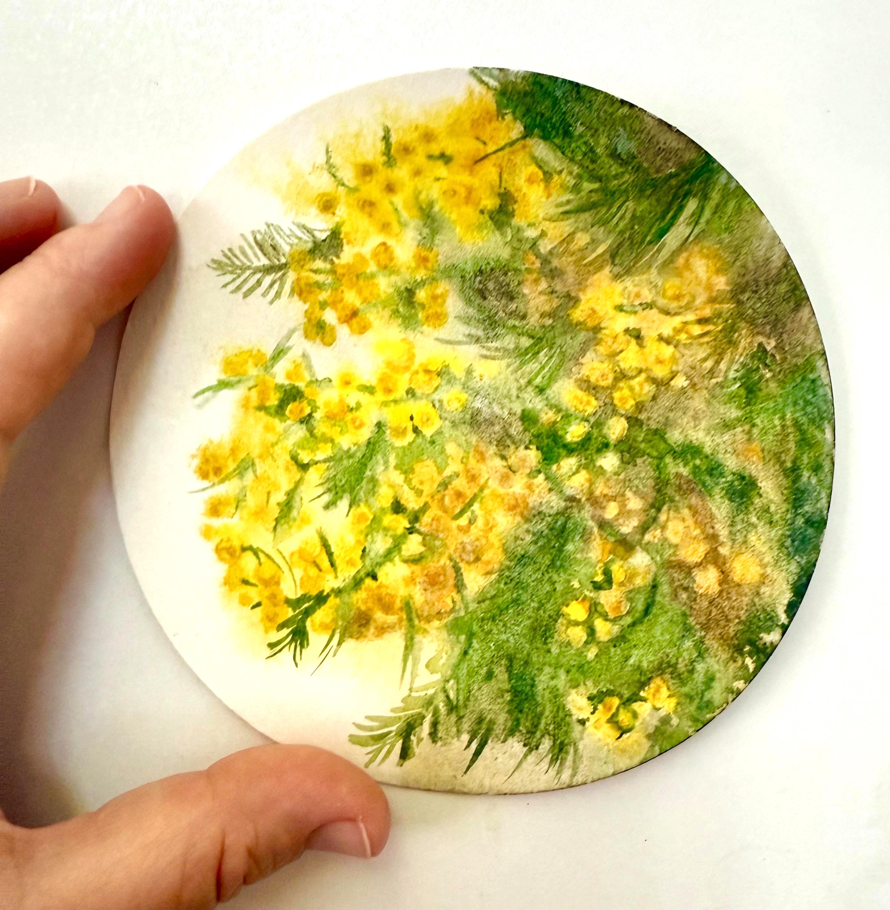 ミモザの水彩画：黄色の花、5x5インチの円形アート紙 - Etsy 日本