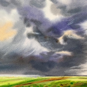 Rainy Sky PAINTING ORIGINAL Landscape Watercolor Meadow Field Toscana Dark Sky Artwork 9&quot;x12&quot; UNFRAMED Wall Art Home Small by Elena Tuncer