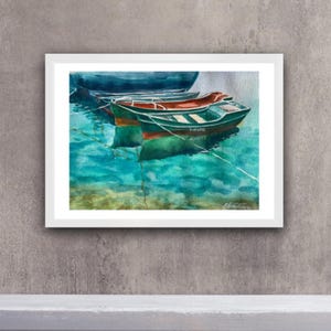 Gicléeprint vissersboten aquarel: turquoise zeekunst