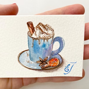 Cappuccino ORIGINAL ACEO Painting Watercolor Card 2,5x3,5&quot; Coffee Unique Limit Miniature Aceo Minimalist Artwork Gift Art by Elena Tuncer