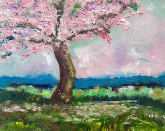 桜の木 オリジナル油絵 日本の春の風景画、10x14インチ 額装なし 