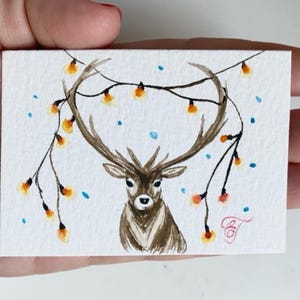 Deer ORIGINAL ACEO Painting Watercolor Card 2,5x3,5&quot; Unique Limit Miniature Aceo Artwork Snow Christmas Gift Aceo Art Decor by Elena Tuncer