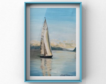 Sailing Yacht GICLEE PRINTS Large/Small Paper/Canvas Seascape Poster Race SailBoat Sunset Office Home Wall Decor Prints of Acrylic Art