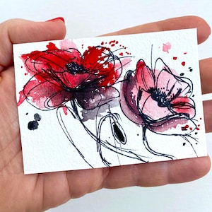 Mohnblumen ORIGINAL ACEO Malerei Aquarell Karte Schwarz Fineliner 2,5x3,5" Einzigartige Limit Botanische Miniatur Kunst Kunst von Elena Tuncer