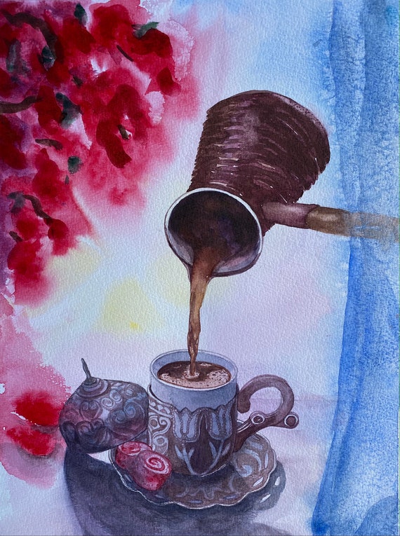 Café Turco PINTURA ORIGINAL Acuarela 17 por 12 Papel Grande Bebidas Tradicionales Auténtica Taza de Café Árabe por ArteAventuraStudio - Etsy España