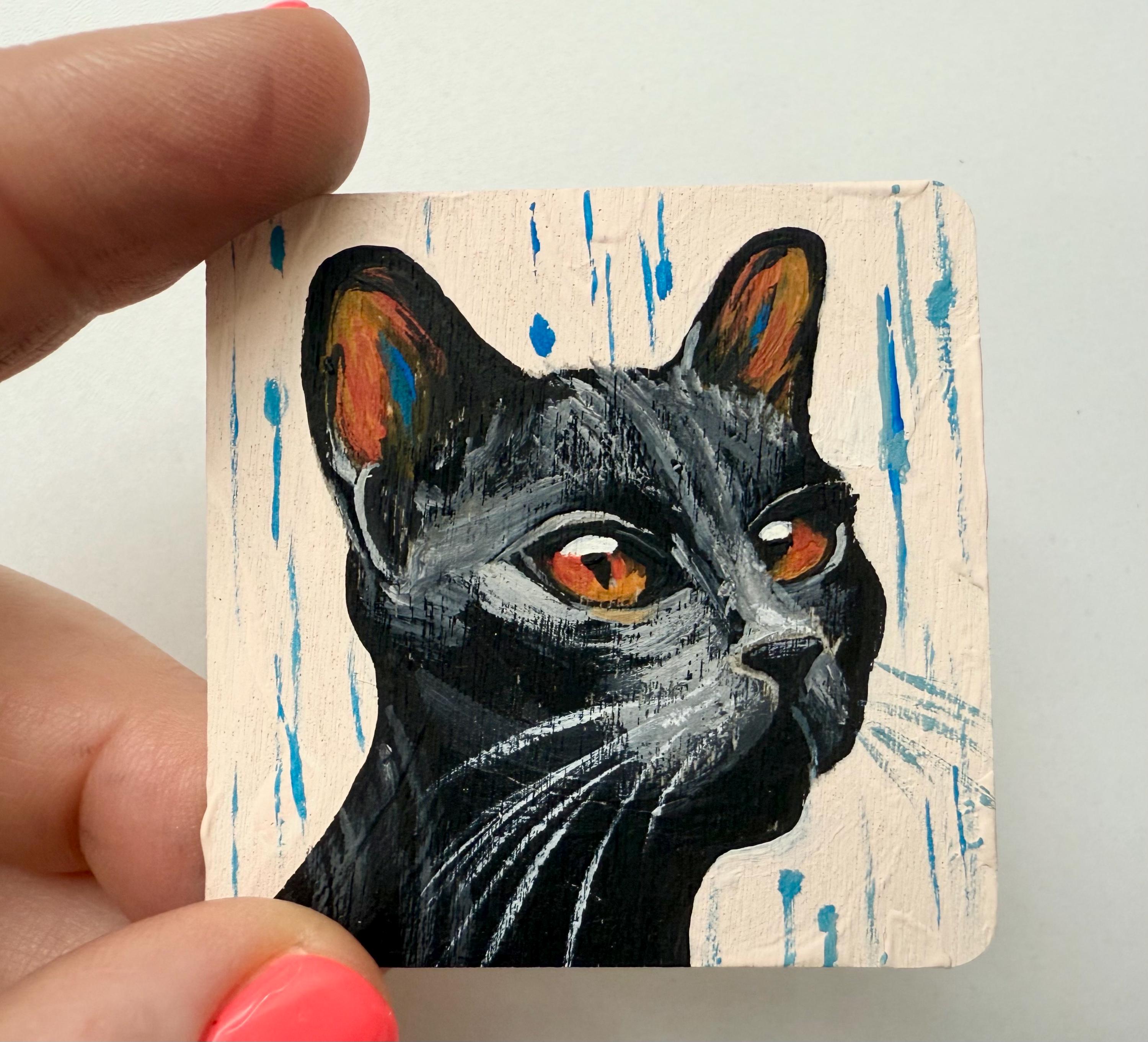 Miniatuurschilderij zwarte kat: origineel acrylkunstwerk op hout (2 x 2 in)  - Etsy België, image size:3000x2724
