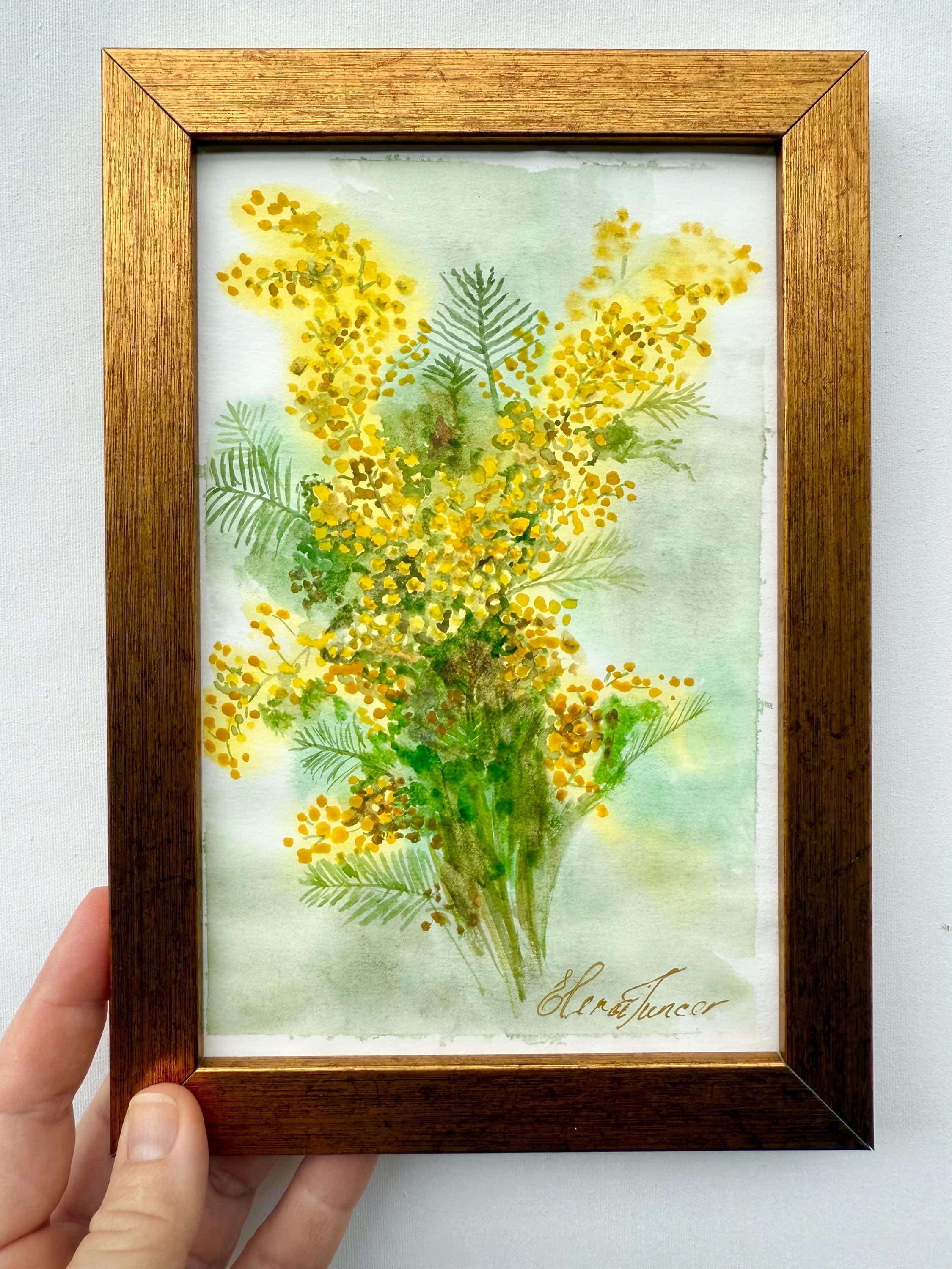 ミモザ オリジナル絵画 黄色い花柄 ボタニカル水彩画 8x6インチ 額装