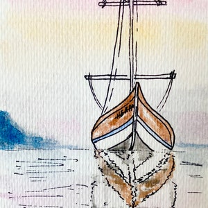 Zeilboot SCHILDERIJ ansichtkaart ORIGINEEL aquarel 6 "x 4" schets klassiek jacht cadeaukaart hem kleine kleine kunst handgemaakt door ArteAventuraStudio