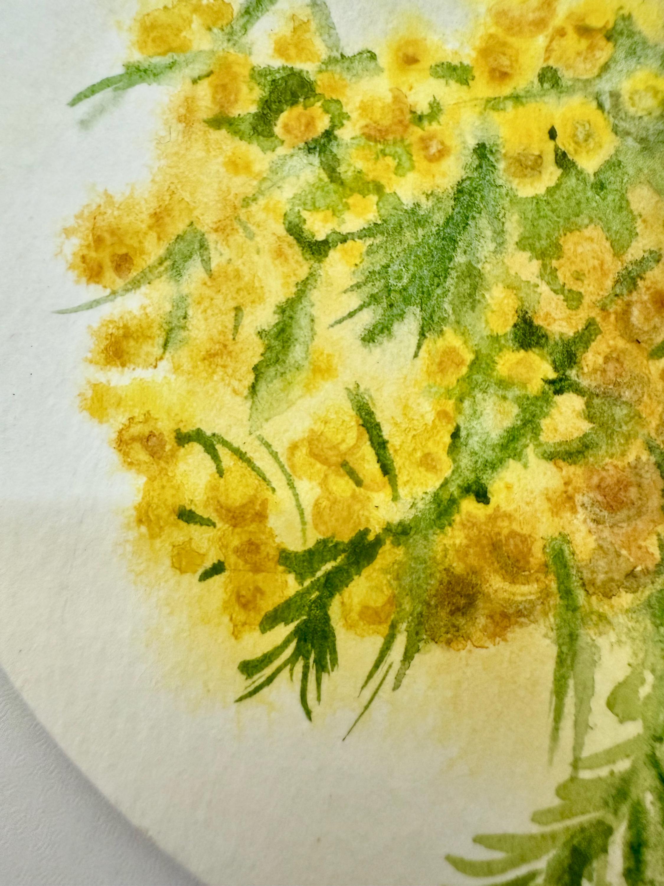 ミモザの水彩画：黄色の花、5x5インチの円形アート紙 - Etsy 日本