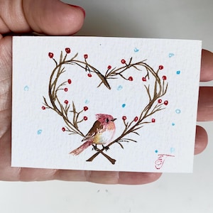 Robin Bird ORIGINAL ACEO Painting Acquerello Carta 2,5x3,5" Limite unico Miniatura Opera d'arte Neve Regalo di Natale Aceo Art Decor di Elena Tuncer