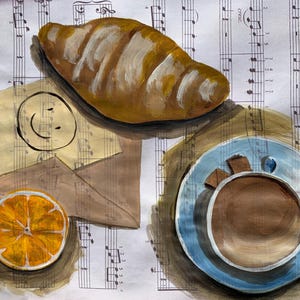 Coffee&Croissant ORIGINAL PAINTING Still Life Envelope Orange Music Note Paper 12x8" Acrylic Small Wall Art Unframed Kitchen by Elena Tuncer