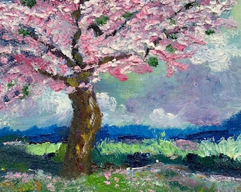 ORIGINAL Landscape Cherry Blossom Tree Spring Field Abstract Small Oil Painting on Wood Board Pink Miniature Home Decor WallArt Gift for Her