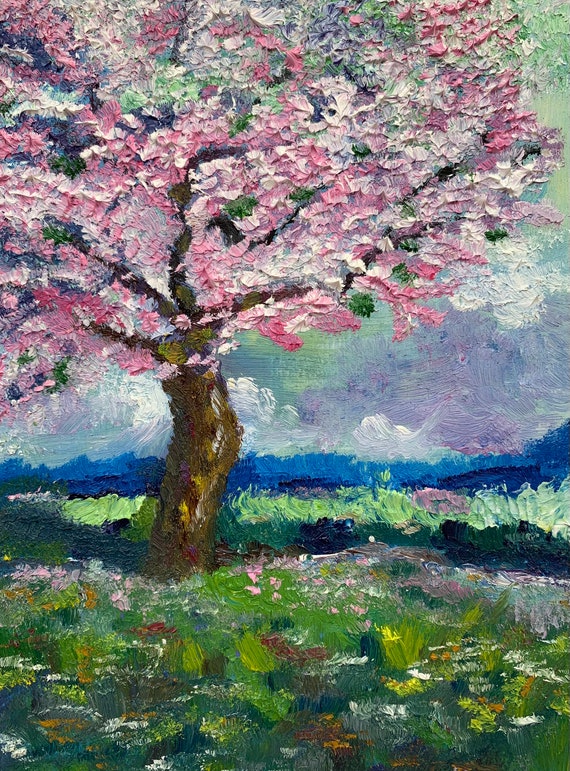 ORIGINAL Landscape Cherry Blossom Tree Spring Field Abstract Small
