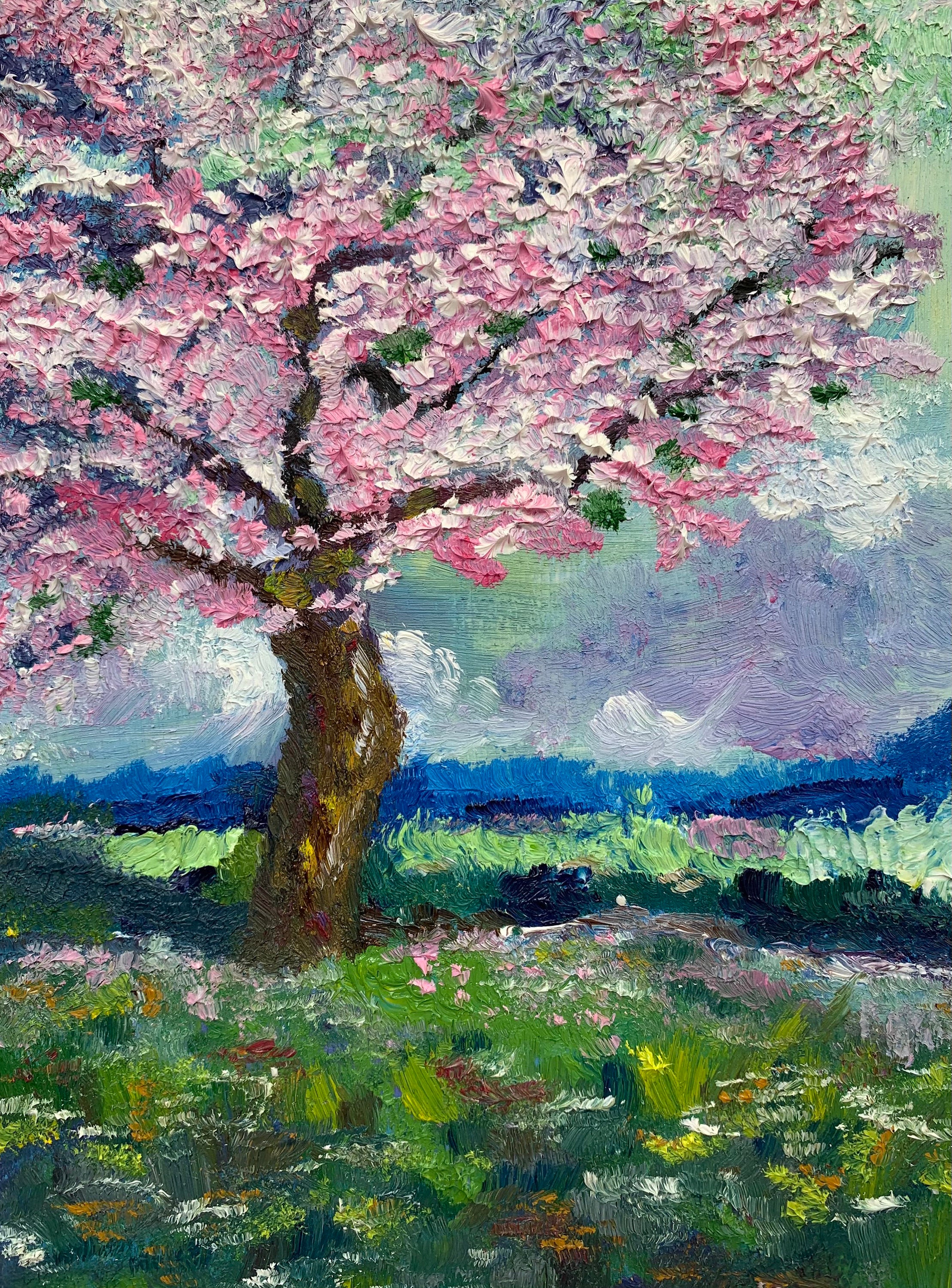 Tableau sur toile Peinture de style oriental, fleur de cerisier au  printemps 