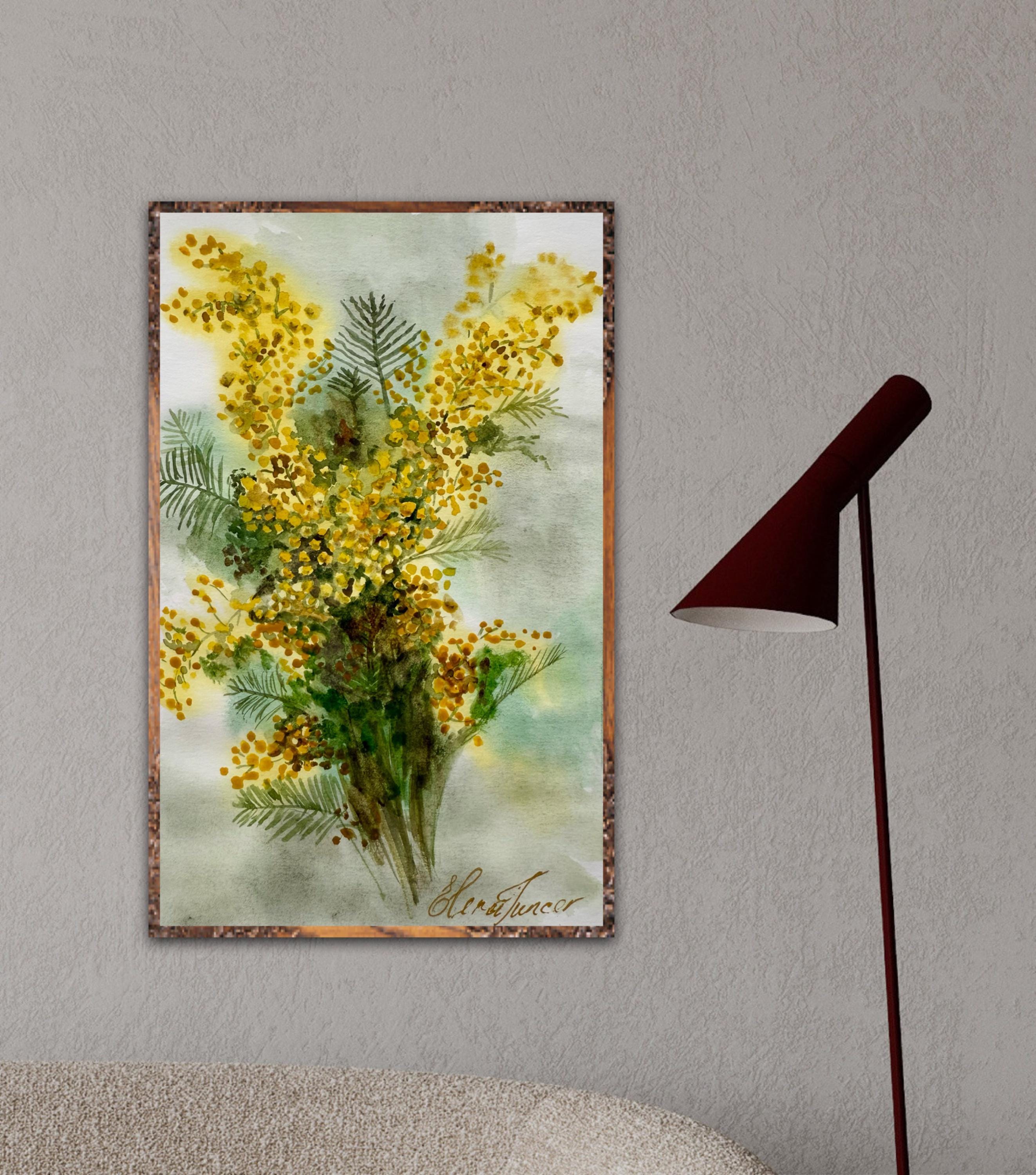 ミモザの水彩画、黄色の花のボタニカルアート、8x6インチ - Etsy 日本