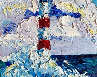 灯台の海 オリジナル絵画 インパスト油彩 抽象海景、海の波アート