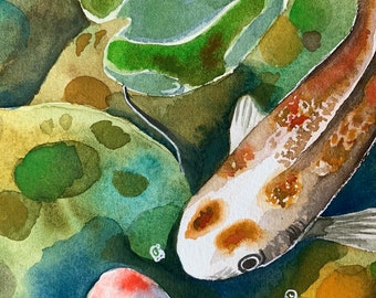 Koi Fish ORIGINAL Painting Watercolor Japanese Art (12x9) Unframed Hand Painted  by Elena Tuncer