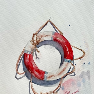 Koło ratunkowe Sea Lifebuoy ORYGINALNY OBRAZ Akwarela Żaglowiec Szczegół Mała pocztówka SmallArt A5 6x8" NIEOPRAWIONE dla Niego Szkic jachtu autorstwa Eleny Tuncer