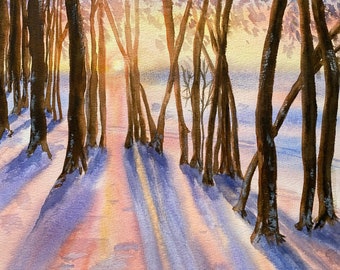 Winter Forest Sunset ORIGINAL Painting Watercolor Large ART 12"x17" Unframed Hand Painted by Elena Tuncer