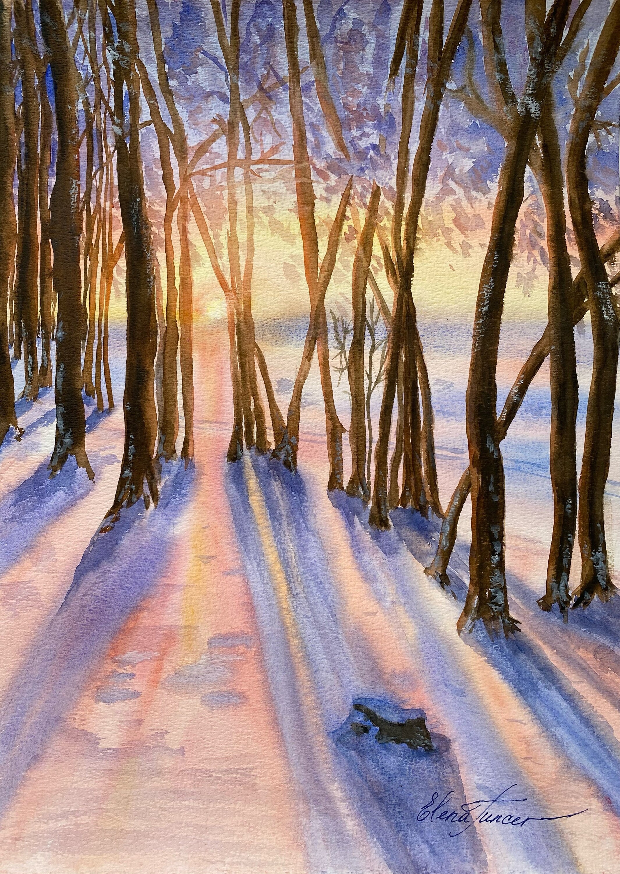 Winter ORIGINAL PAINTING Snow Sunset Forest Trees Colorful Winter ORIGINAL PAINTING Snow Sunset Forest Trees Colorful