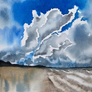 Spiaggia DIPINTO ORIGINALE Paesaggio di Cape Cod Oceano Atlantico Acquerello Arte Cielo nuvoloso Paesaggio marino 12X9" Riflessione Decorazione murale di Elena Tuncer
