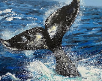 Cola de ballena, pintura original de paisaje marino de la bahía de Monterey, acrílico, arte oceánico, 30 x 30 cm, sin marco, pintada a mano por Elena Tuncer