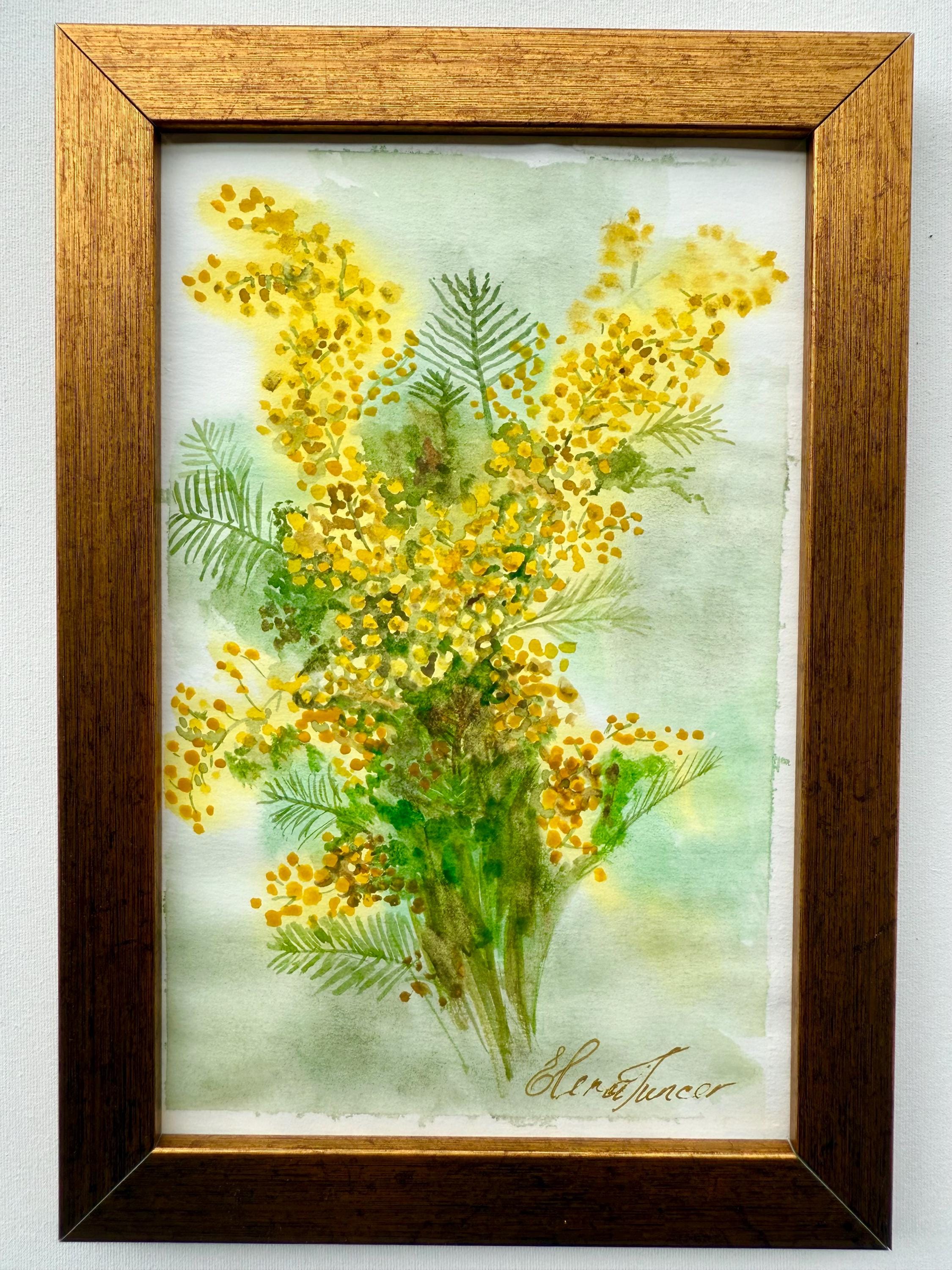 水彩画 黄色のミモザ　フレーム付き ミモザ オリジナル絵画 黄色い花柄 ボタニカル水彩画 8x6インチ 額装