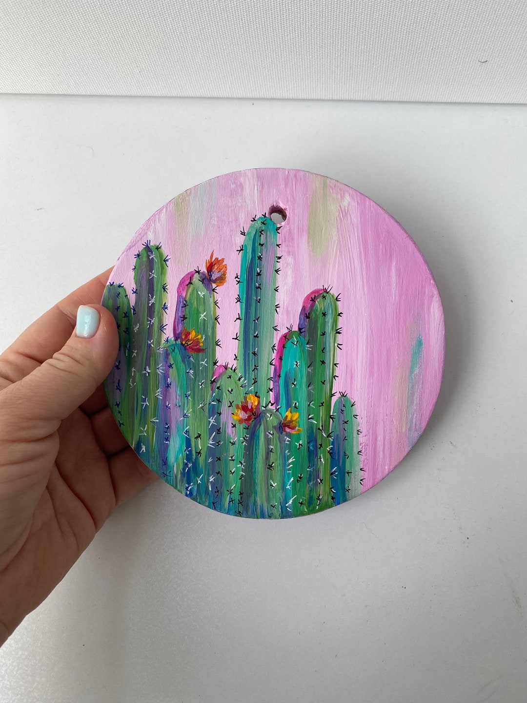 Cactus ORIGINAL PAINTING Floral Desert Art Round Wood D 6 Inches Cactus