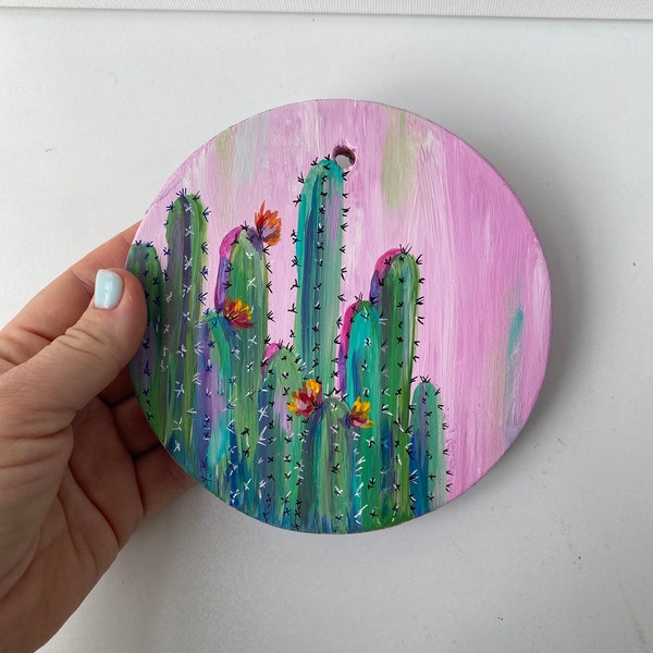 Kaktus ORIGINAL GEMÄLDE Blumen Wüste Kunst Rund Holz D 15 cm Blossom Cactus Blume Wand dekor Neue Wohnung WallArt Geschenk von Elena Tuncer