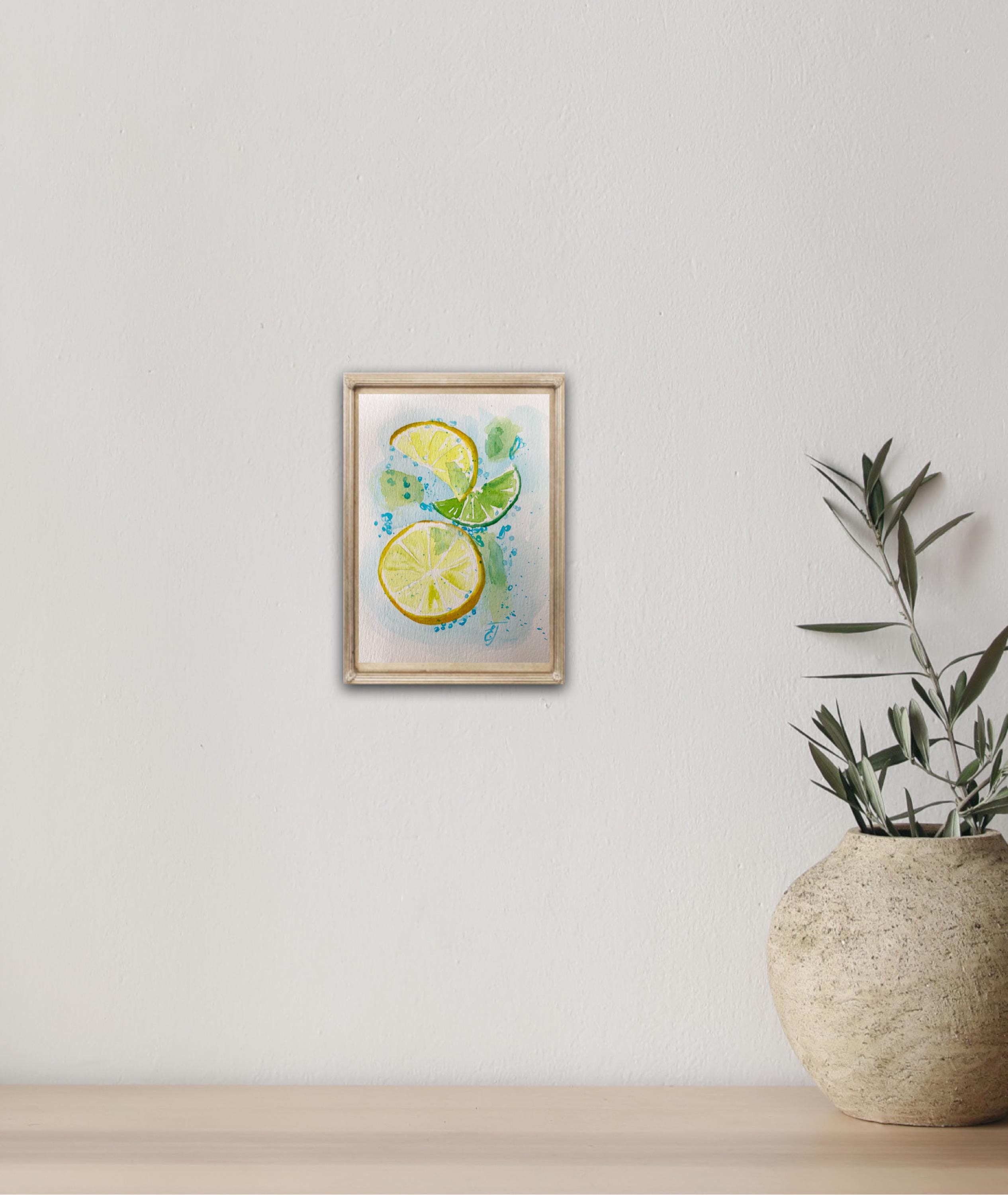 Lemon Lime Watercolor Small Painting: Original Fruit Mini Art (7x5