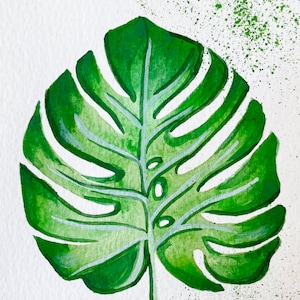 Peinture de feuilles de Monstera plante ORIGINAL papier aquarelle sans cadre petite carte postale feuille florale verte HomeArt 6 x 4" idée cadeau par Elena Tuncer