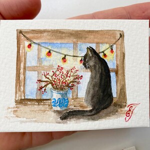 Gato preto ORIGINAL ACEO Pintura Aquarela Cartão 2,5x3,5" Janela Limite Único Miniatura Aceo Arte Minimalista Presente Arte por Elena Tuncer