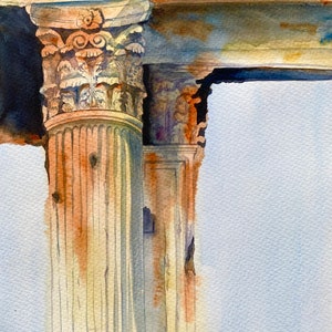 Capital PAINTING Architecture ORIGINAL Greece Ancient Top Column Old Historical Artwork 14&quot;x10&quot; UNFRAMED Greek Roman Empire by Elena Tuncer