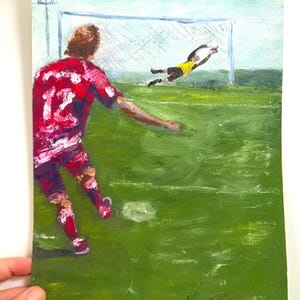 Giocatore di calcio, dipinto a olio ORIGINALE, decorazione murale sportiva su carta, regalo per tifosi, scena di calcio di porta, decorazione murale per lui, SENZA CORNICE, 8x12" di Elena Tuncer