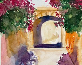 Pintura original de una calle italiana con flores de buganvilla, arte de un castillo antiguo (30,5 x 20,3 cm), sin marco, pintada a mano por Elena Tuncer