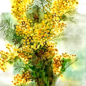 Mimosa PAINTING ORIGINAL Yellow Floral Yellow Flower Watercolor Artwork 8x6” UNFRAMED Botanical Plant Gift Abstract Wall Art by Elena Tuncer