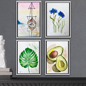 Pacchetto DIPINTO ORIGINALE 4 articoli Acquerello Fiore Barca Frutta 6"x4" SENZA CORNICE Piccola arte murale dipinta a mano Decorazione artistica in miniatura di Elena Tuncer