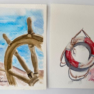 Boat Details Lot de deux oeuvres d'art murales Diptyque aquarelle, voilier, bouée de sauvetage, 20 x 20 cm (15 x 20 cm) Cartes postales A5 par Elena Tuncer